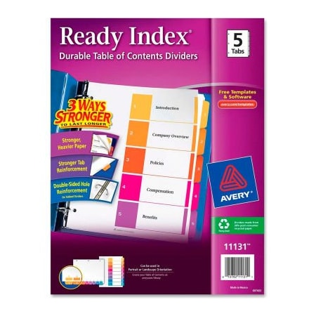 Avery Dennison Avery Ready Index T.O.C. Reference Divider, 1 to 5, 8.5"x11", 5 Tabs, White/Multi 11131
